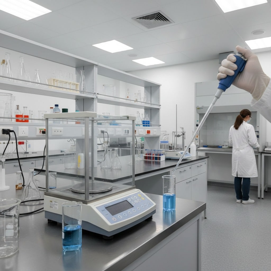 Poprosim obraz laboratorium v nutry s vahou a pipetou